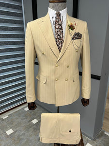 Bojoni Fremont Beige Slim Fit Double Breasted Pinstripe Wool Suit 