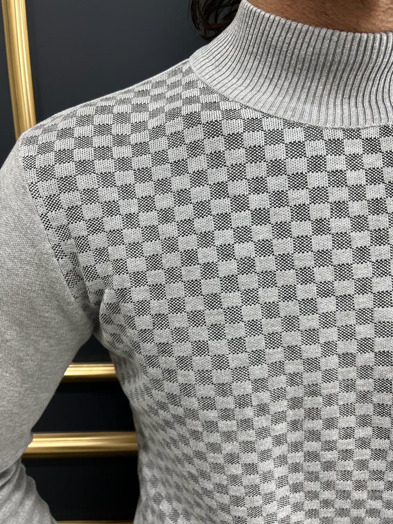 Thread Slim Fit Custom Design Half Collared Textured Plaid Grey Turtleneck