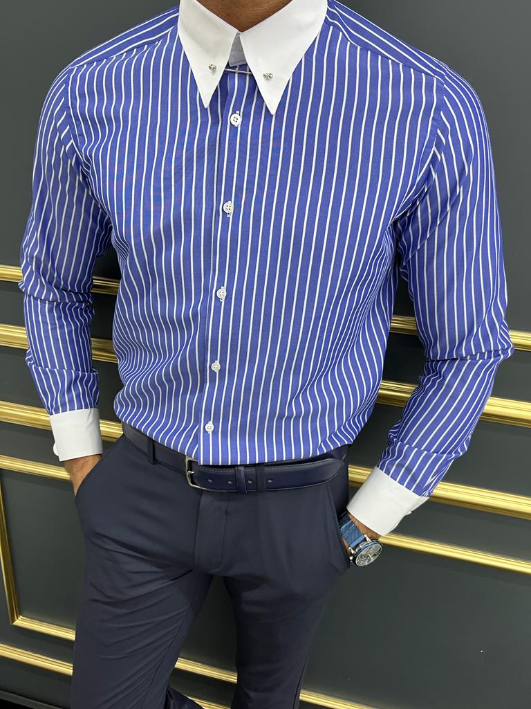 Bojoni Uluwatu Slim Fit Italian Collar Striped Blue Shirt | VICLAN