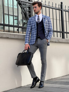 Bojoni Astoria Slim Fit Patterned Pointed Collared Light Navy Blue Plaid Suit