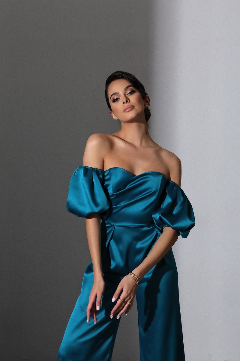 Viclans Off-The-Shoulder Satin Green Jumpsuit with Puffy Sleeves 