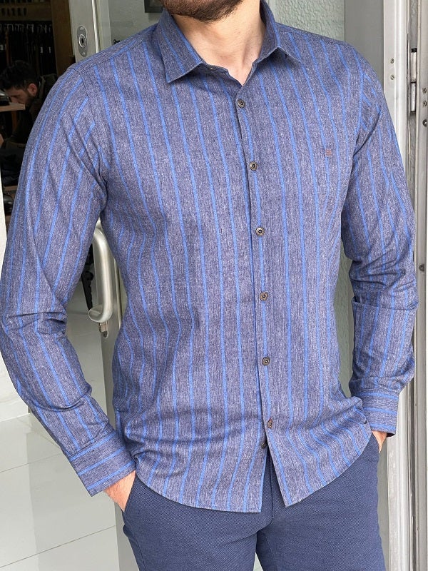 Bojoni Stefano Indigo Slim Fit Striped Cotton Shirt 