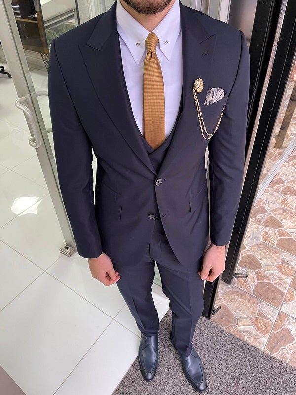 Bojoni Trenton Navy Blue Slim Fit Peak Lapel Wool Suit 