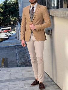 Bojoni Perris Light Brown Slim Fit Peak Lapel Linen Suit 