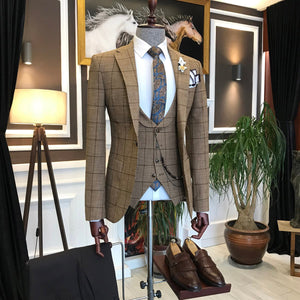 Bojoni Camel Plaid Slim-Fit Suit 3-Piece 