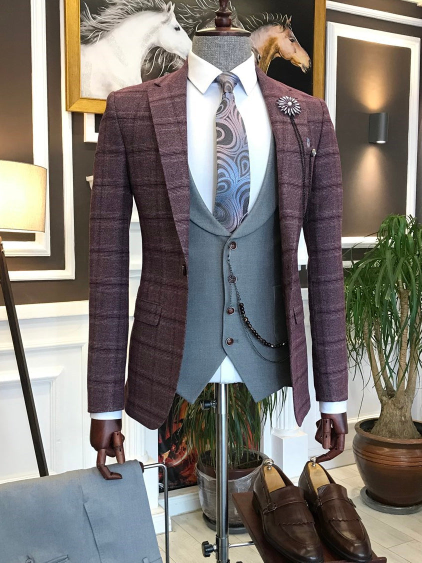 Bojoni Claret Red Plaid Slim-Fit Suit 3-Piece 