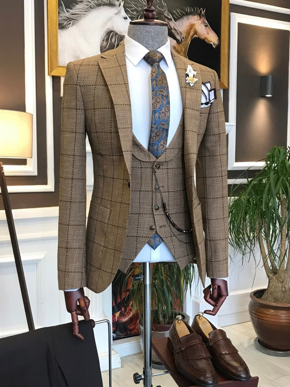 Bojoni Camel Plaid Slim-Fit Suit 3-Piece 