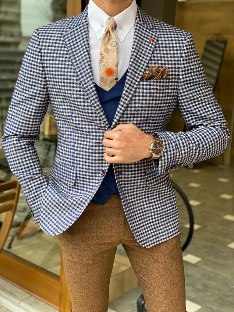 Bojoni Dayton Blue Slim Fit Gingham Wool Blazer 