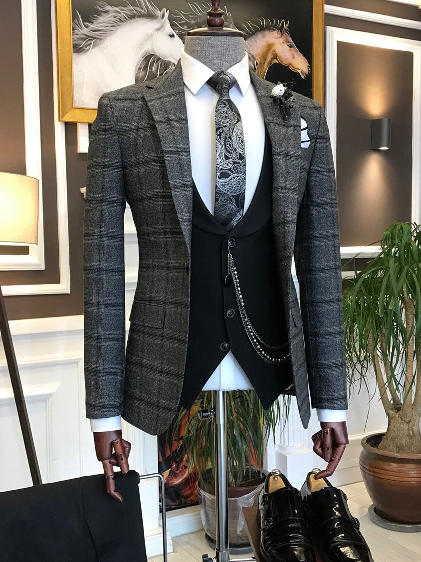 Bojoni Grey Plaid Slim-Fit Suit 3-Piece 