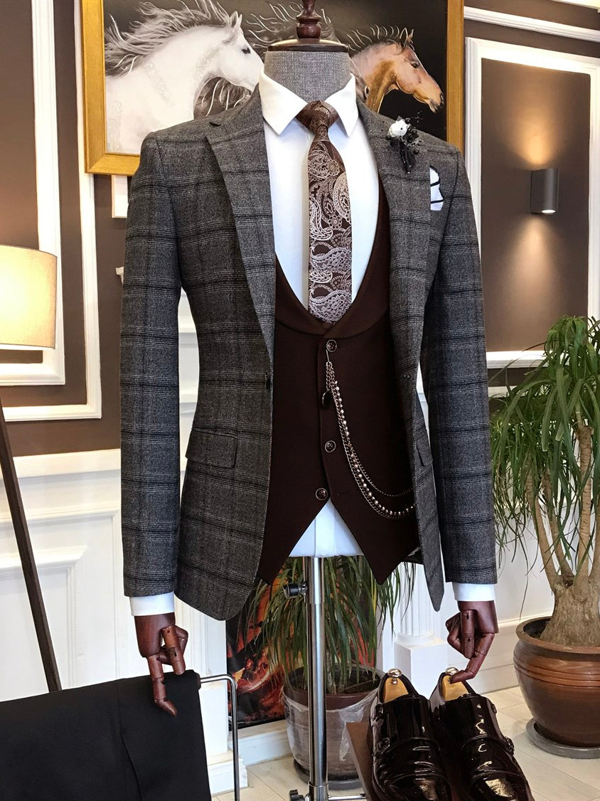 Bojoni Brown Plaid Slim-Fit Suit 3-Piece 