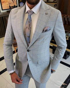 Bojoni Sheffield Gray Slim Fit 2 Piece Peak Lapel Check Plaid Suit