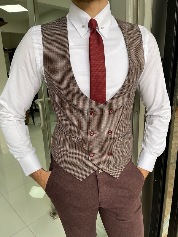 Bojoni Grant Burgundy Slim Fit Double Breasted Wool Vest 