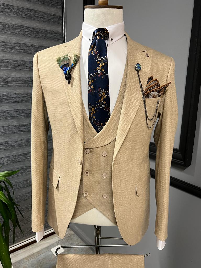 Bojoni Dayton Beige Slim Fit Peak Lapel Suit 