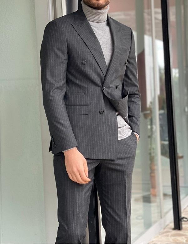 Bojoni Morris Dark Gray Slim Fit Double Breasted Pinstripe Wool Suit 