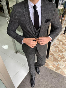Bojoni Grant Black Slim Fit Notch Lapel Plaid Wool Suit 
