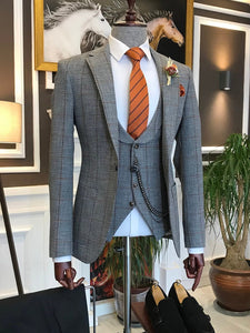 Bojoni Grey Plaid Slim-Fit Suit 3-Piece 