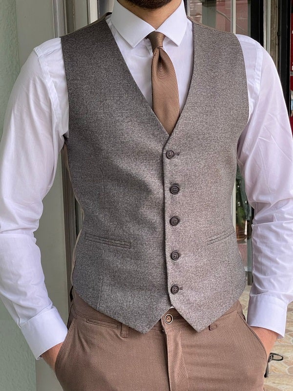 Bojoni Grant Beige Slim Fit Wool Vest 