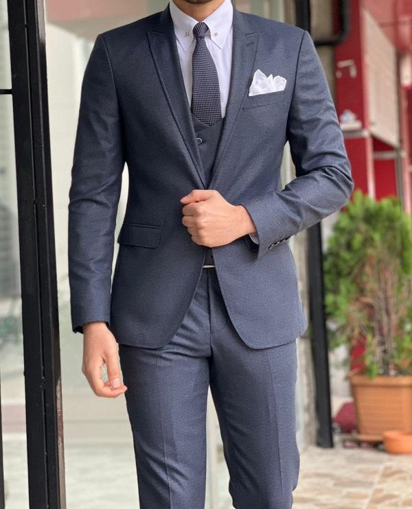 Bojoni Morris Navy Blue Slim Fit Peak Lapel Wool Suit 