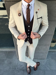 Bojoni Danielle Beige Slim Fit Notch Lapel Combination Linen Suit