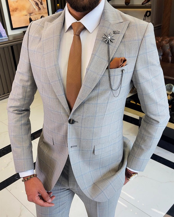 Bojoni Sheffield Mink Slim Fit 2 Piece Peak Lapel Check Plaid Suit