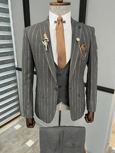 Bojoni Fremont Gray Brown Slim Fit Peak Lapel Striped Suit 