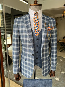 Bojoni Dover  Blue Slim Fit Peak Lapel Plaid Suit 