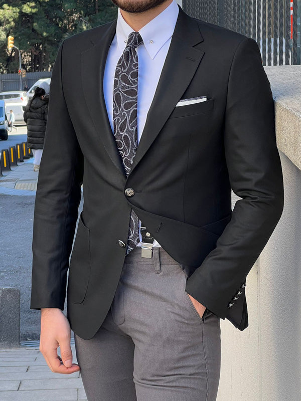 Bojoni Perris Black Slim Fit Notch Lapel Wool Blazer 