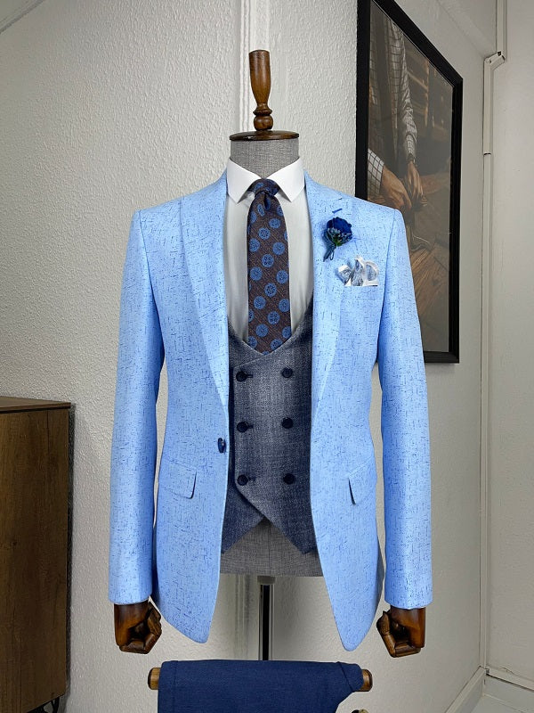 Bojoni Daroni Blue Slim Fit Patterned Linen Suit 