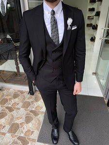 Bojoni Trenton Black Slim Fit Peak Lapel Wool Suit 