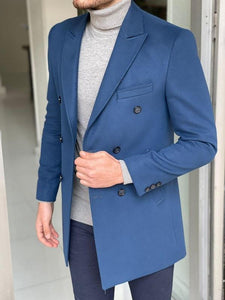Bojoni Wilson Blue Slim Fit Double Breasted Wool Long Coat 