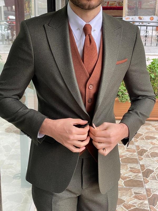 Bojoni Austin Green Slim Fit Peak Lapel Wool Suit 