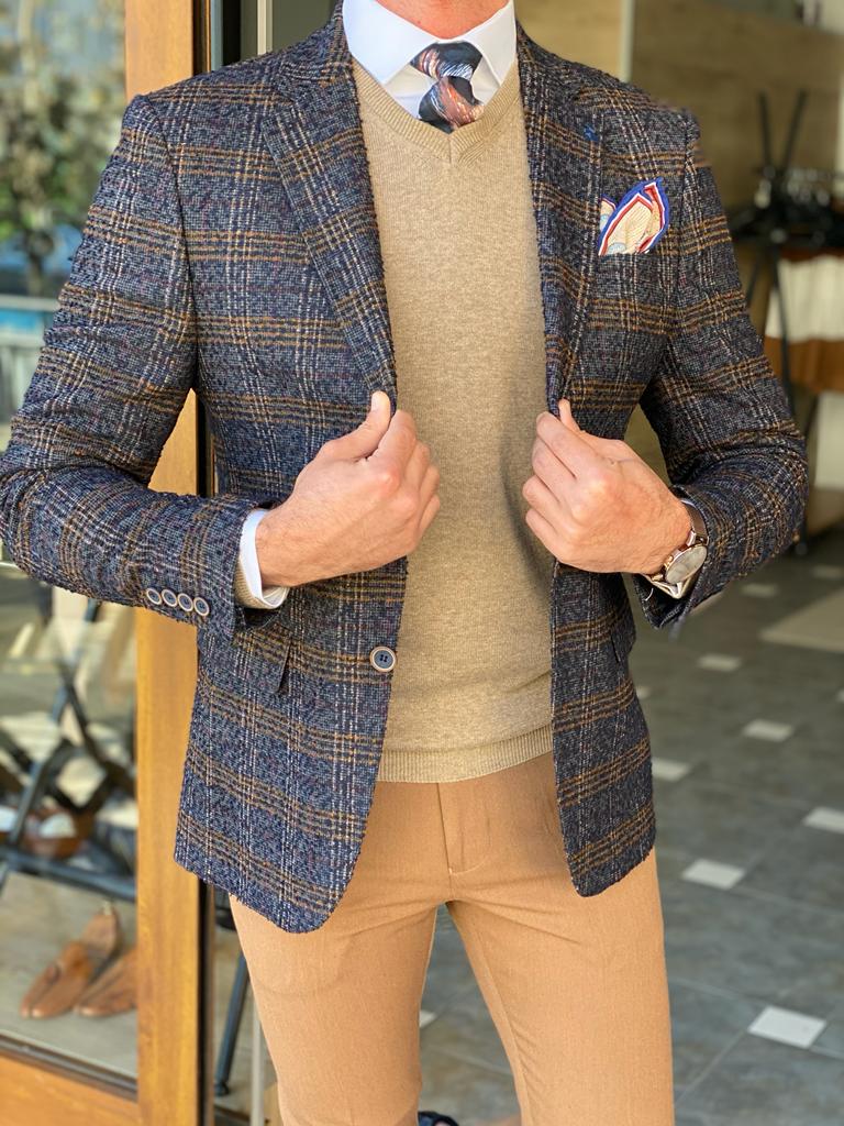 Bojoni Morris Blue Slim Fit Plaid Wool Blazer 