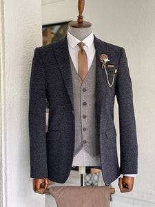 Bojoni Dayton Navy Blue Slim Fit Peak Lapel Wool Suit 