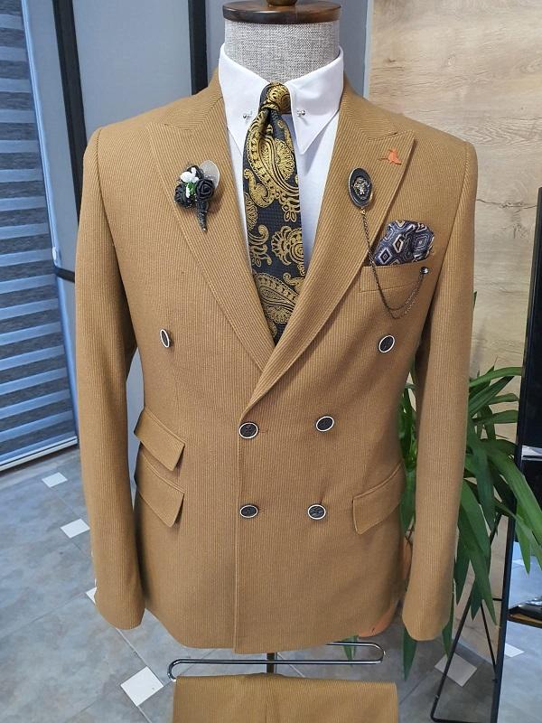 Severi Camel Slim Fit Double Breasted Pinstripe Wool Suit-baagr.myshopify.com-suit-BOJONI