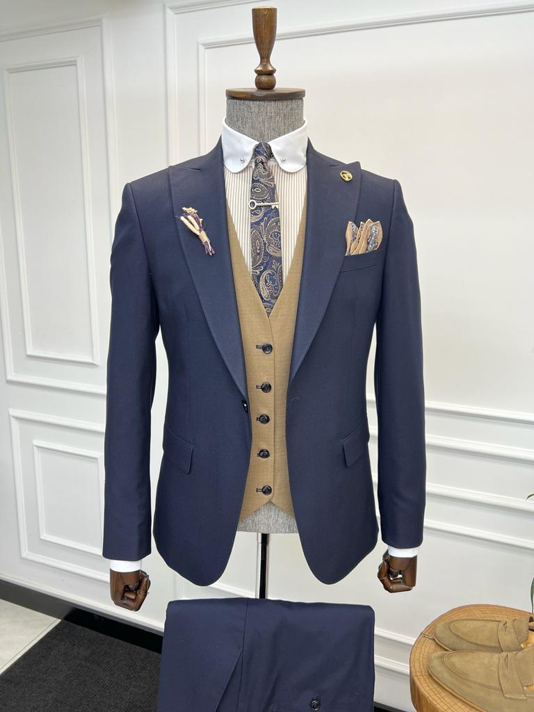 Bojoni Diamond Shagori  Navy Blue Slim Fit Peak Lapel Combination Suit