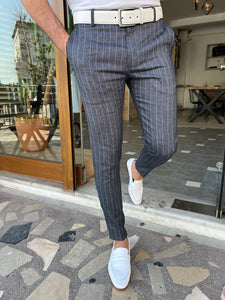 Bojoni Dover Dark Blue Slim Fit Pinstripe Linen Pants 