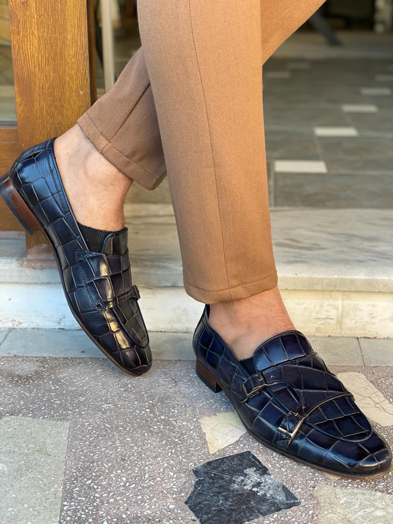 Bojoni Clifton Navy Blue Double Monk Strap Loafers 