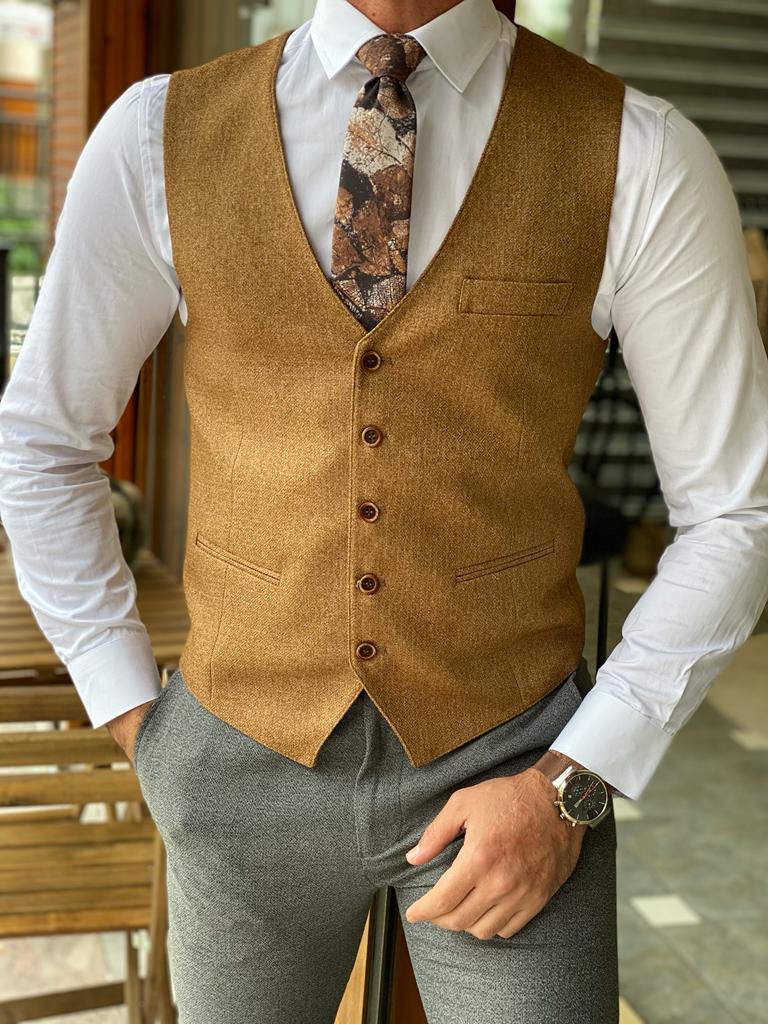 Bojoni Forenza Camel Slim Fit Wool Vest 