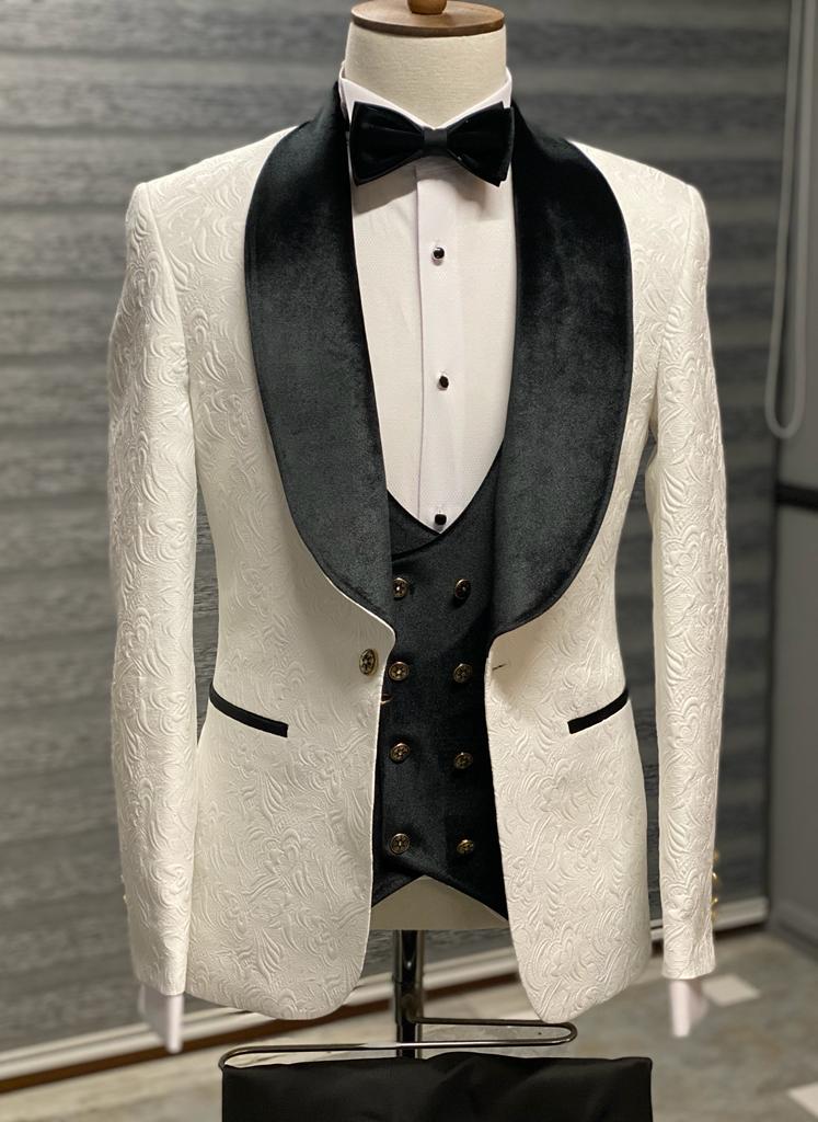 Bojoni Camden Black & White Slim Fit Velvet Shawl Lapel Wool Tuxedo 