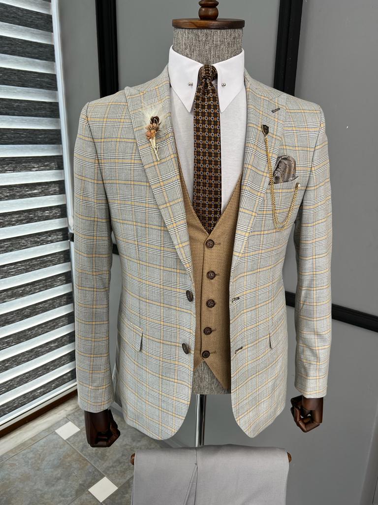 Bojoni Fremont Camel Gray Slim Fit Peak Lapel Check Suit 