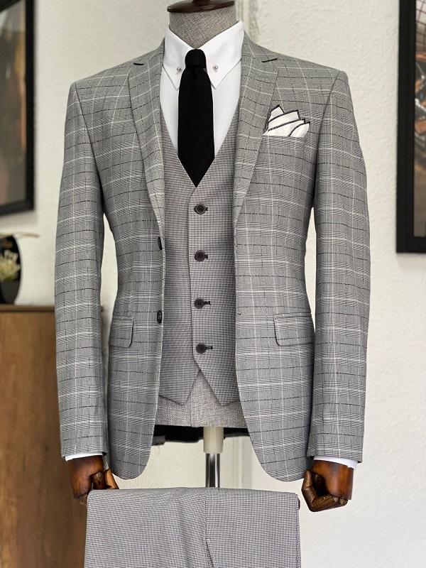 Bojo Gray Slim Fit Notch Lapel Plaid Wool Suit-baagr.myshopify.com-suit-BOJONI