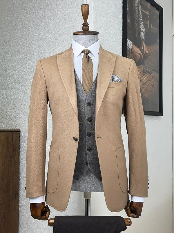 Bojoni Daroni Beige Slim Fit Peak Lapel Wool Suit 