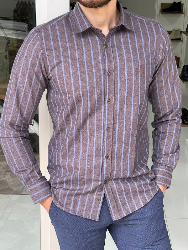 Bojoni Stefano Brown Slim Fit Striped Cotton Shirt 