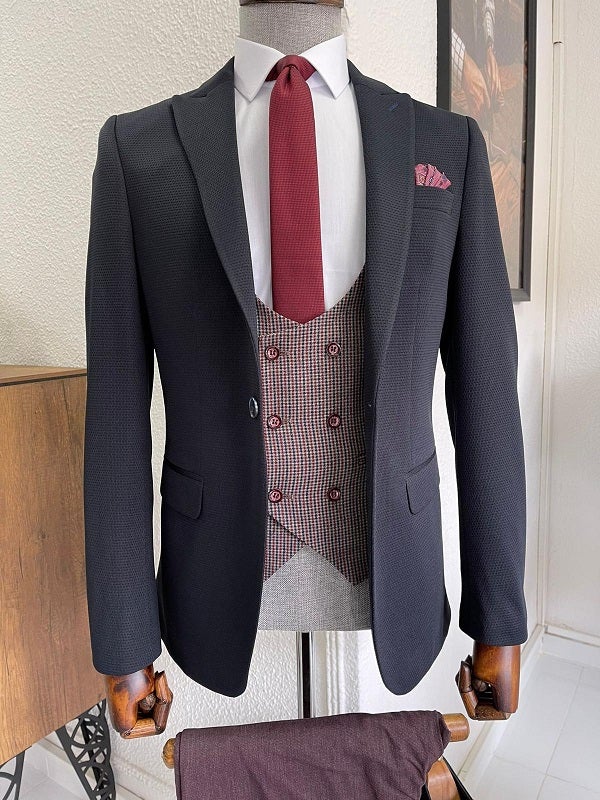 Bojoni Dayton Navy Blue Slim Fit Peak Lapel Wool Suit 