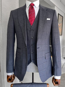 Bojoni Louis Navy Blue Slim Fit Peak Lapel Plaid Wool Suit 