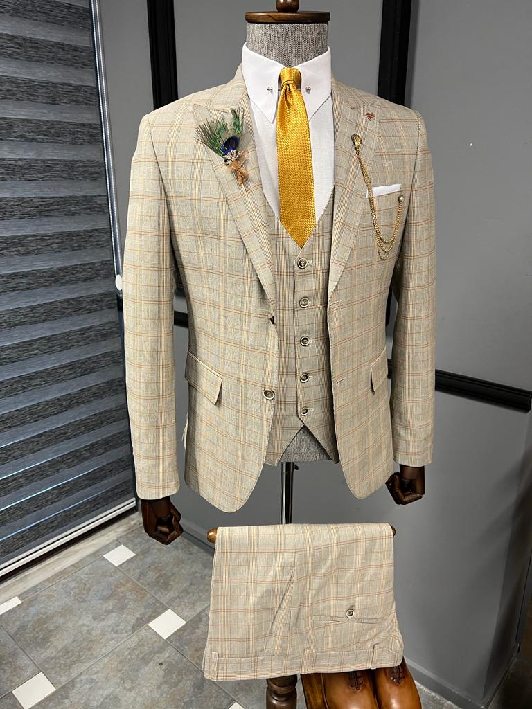 Bojoni Fremont Camel Slim Fit Peak Lapel Plaid Suit 