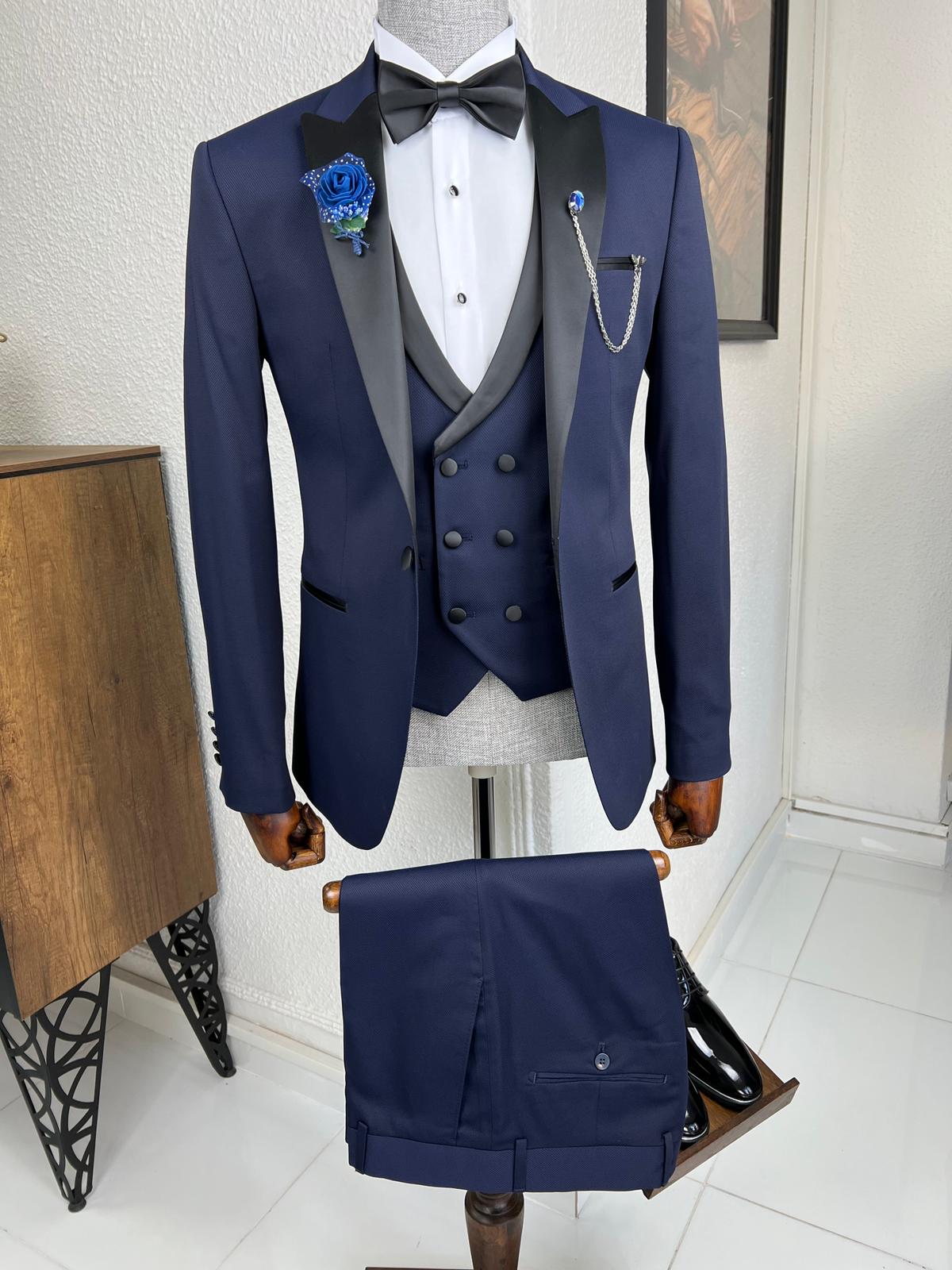 Luxe Slim Fit Patterned Navy Blue Dovetail Collared Tuxedo