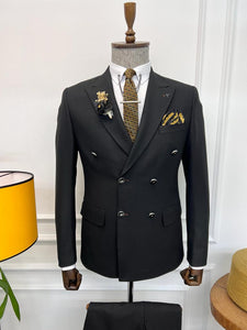 Rick Slim Fit Special Design Double Breasted Black Detailed Suit