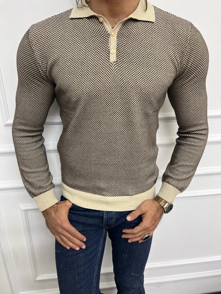 Leon Slim Fit Beige Polo Collared Knit Sweater