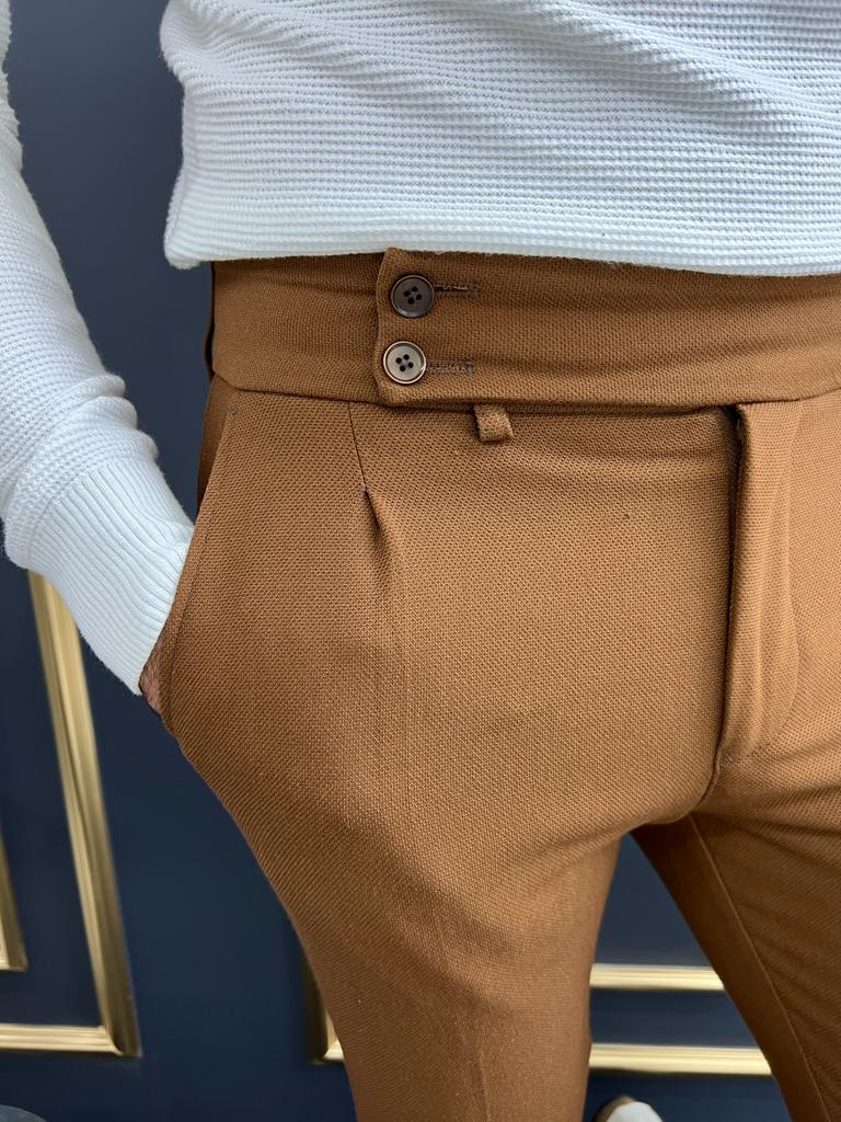 Thread Slim Fit Double Pleated Camel Trousers